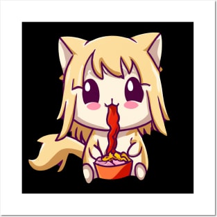 Cat Eating Spaghetti Cute Anime Kitten Posters and Art